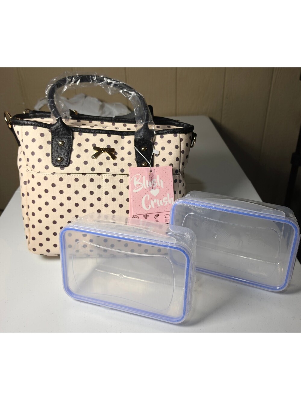 Blush Crush Polka Dot Tote Bag with Clear Storage Boxes